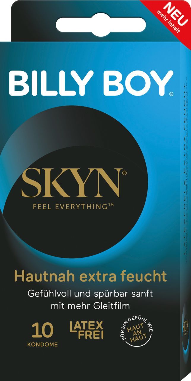 Packung BILLY BOY Skyn hautnah extra feucht Kondome, 10 Stück. Blaues Design mit schwarzem Kreis.
