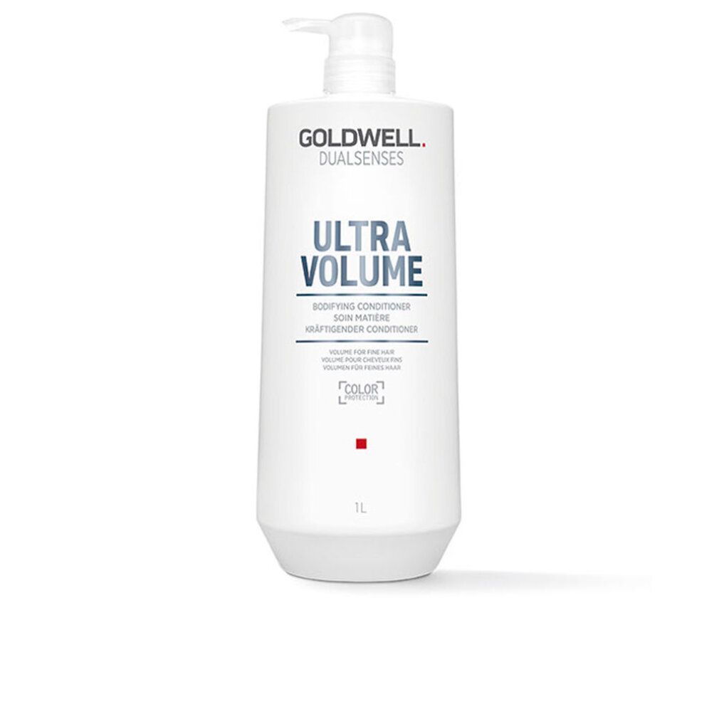 Weiße Flasche mit Pumpe. Aufschrift: GOLDWELL DUALSENSES ULTRA VOLUME. Text in Englisch, Französisch und Deutsch. 1L.