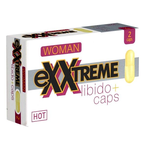 Weiße Schachtel mit Produktnamen und Kapsel. Aufschrift: eXXtreme libido+ caps, 2 caps. Perspektivische Ansicht.