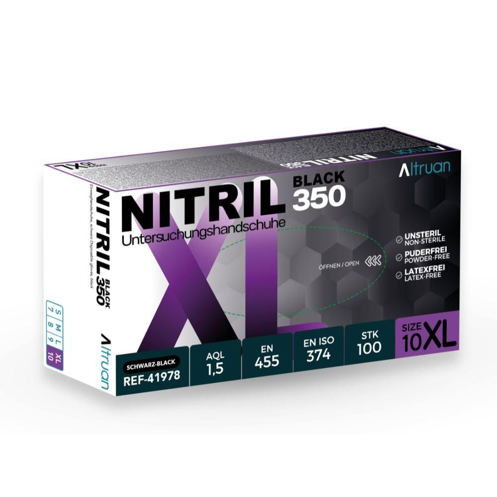 Verpackung von schwarzen Nitril-Untersuchungshandschuhen, Größe XL, 100 Stück.