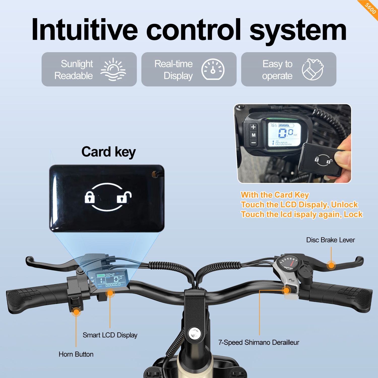 Lenker eines Elektrofahrrads mit Bedienelementen. Beschriftung: Smart LCD Display, 7-Gang Shimano, Card Key.
