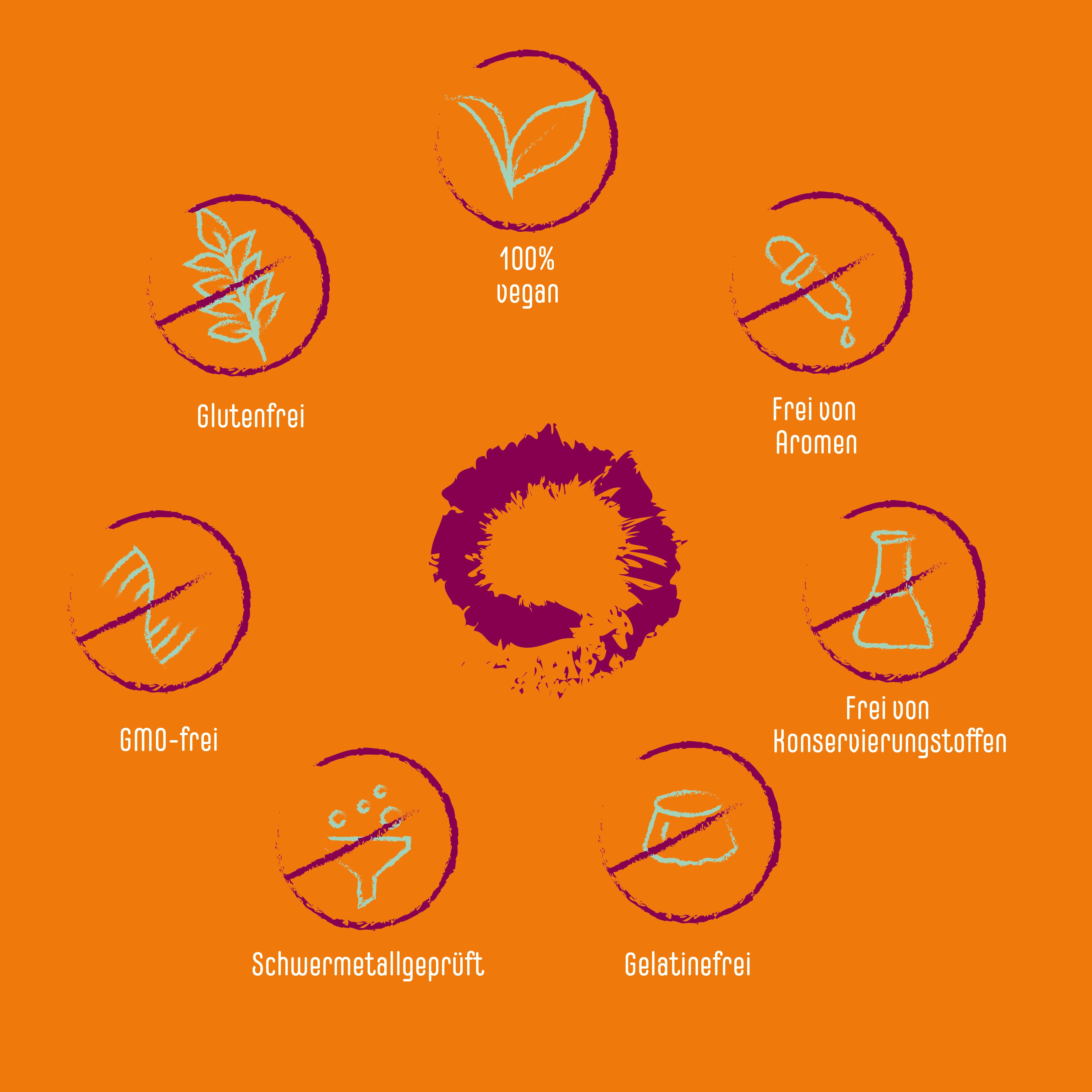 Kreisförmige Symbole auf orangefarbenem Hintergrund. Symbole: glutenfrei, vegan, ohne Aromen, ohne Konservierungsstoffe, GVO-frei, schwermetallgeprüft, gelatinefrei.