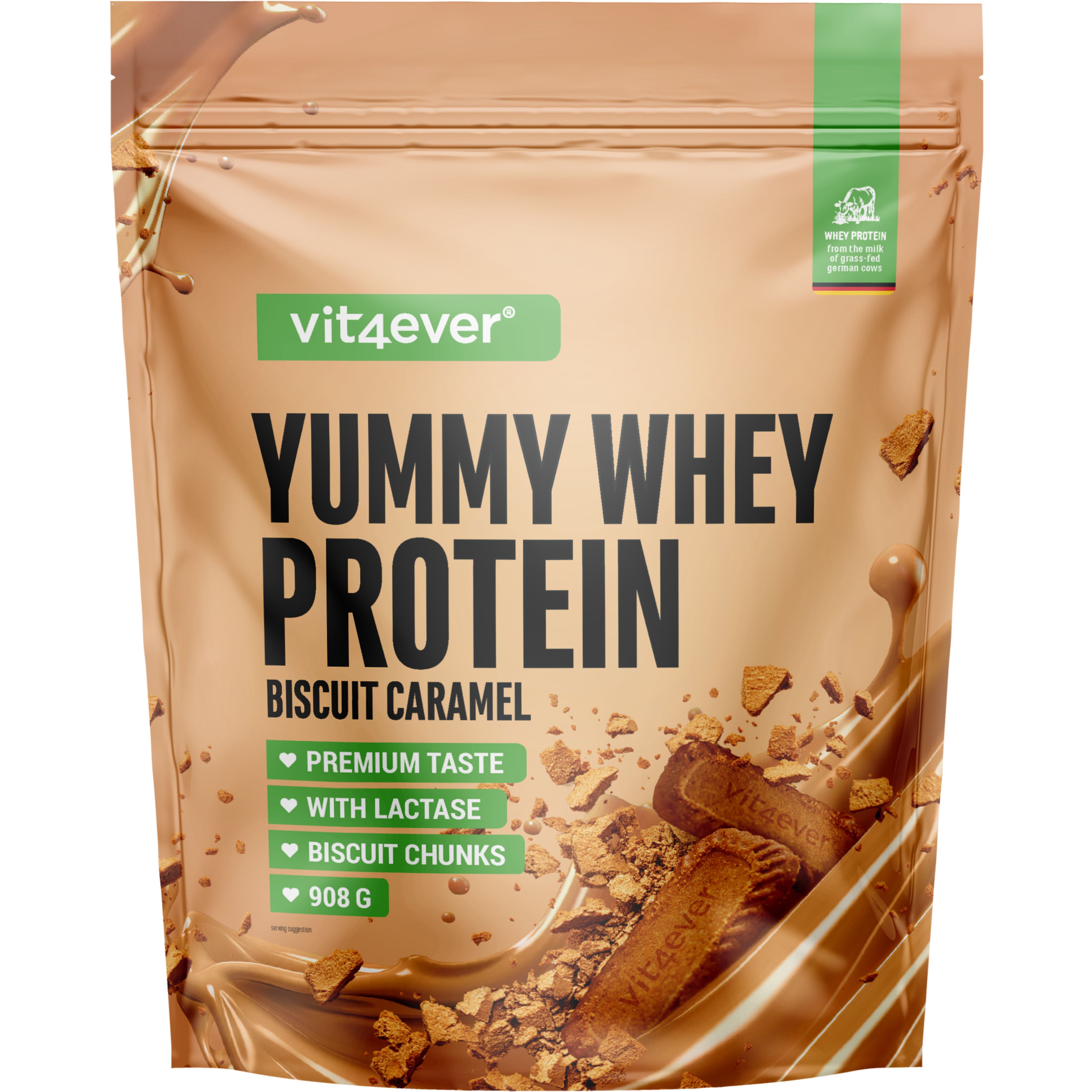 Beutel mit Yummy Whey Protein, Aufschrift "Biscuit Caramel". Enthält 908g. Mit Premium Taste, Lactase und Biscuit Chunks.