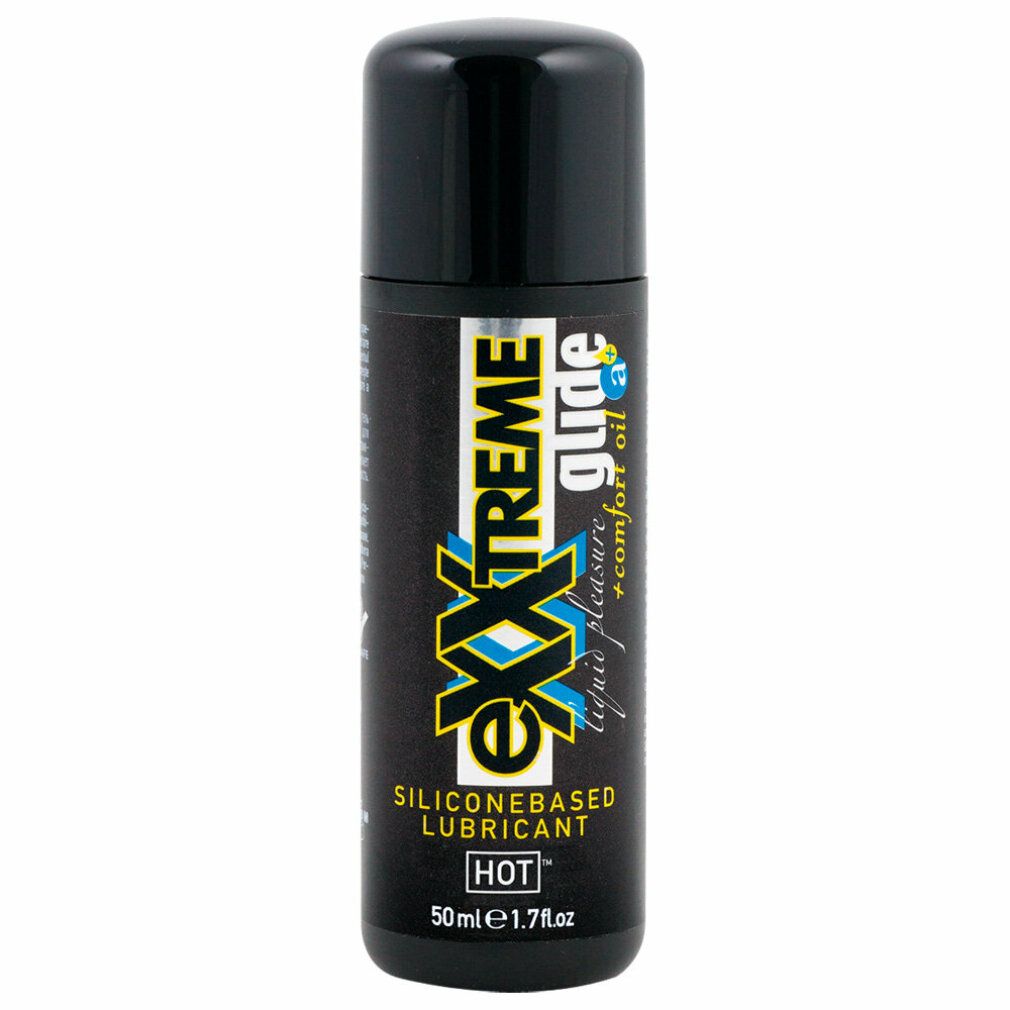 Schwarze Flasche mit schwarzem Deckel. Aufschrift: eXXtreme glide, SILICONEBASED LUBRICANT, HOT. 50 ml.
