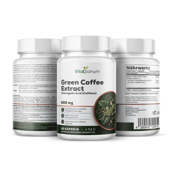 Drei Flaschen VitaSanum Grüner Kaffee Extrakt Kapseln, 600 mg. Vorderseite mit Produktinformationen und Kaffeebohnen-Illustration.