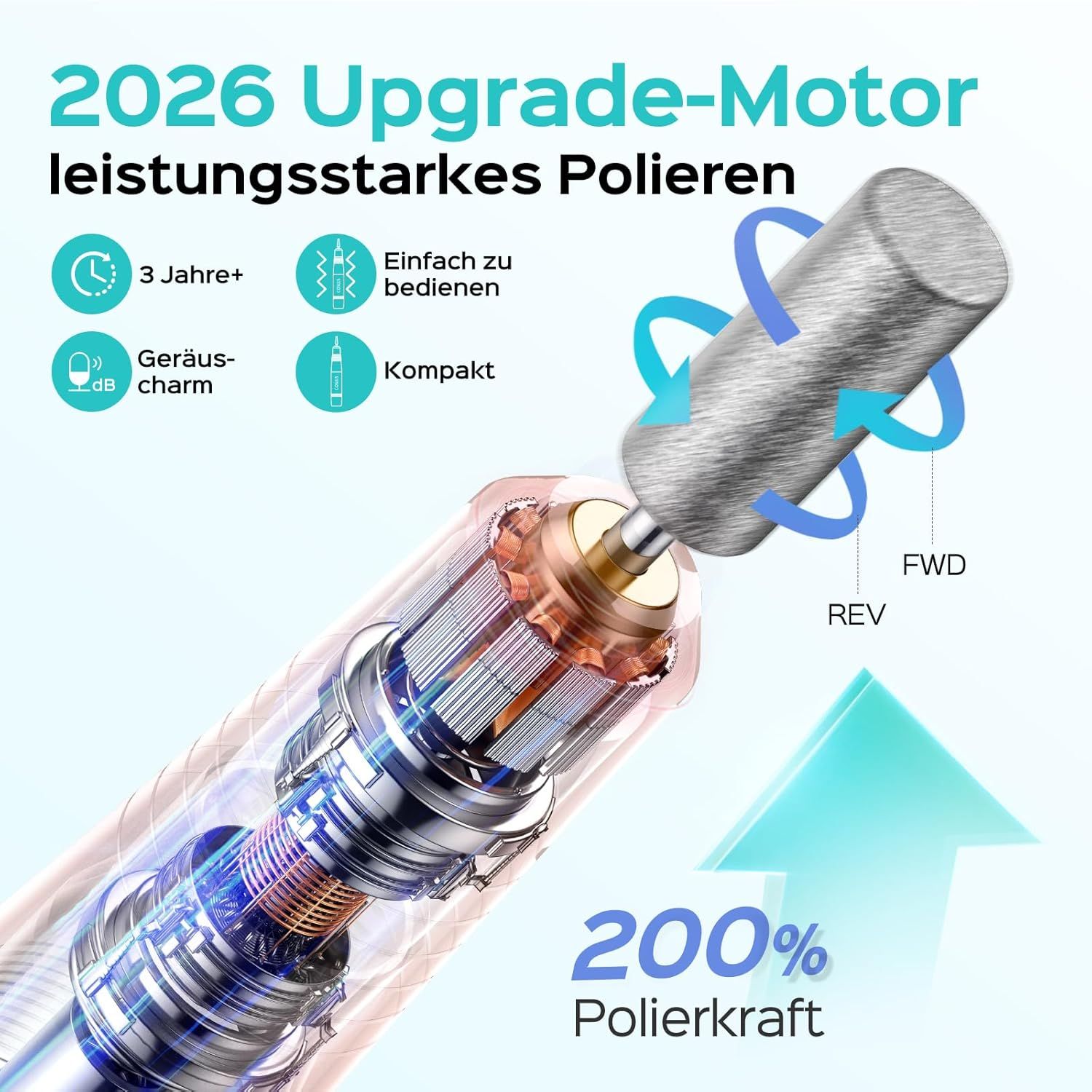 Nagelfräser-Fräskopf mit Text: 2026 Upgrade-Motor, leistungsstarkes Polieren. Illustrationen: 3 Jahre+, einfach zu bedienen, kompakt.