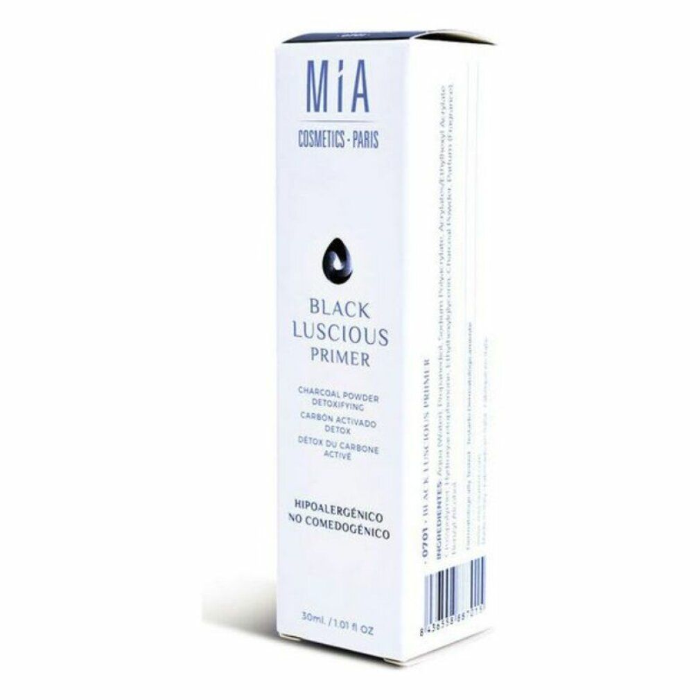 Weiße Verpackung. Mia Cosmetics. Text: Black Luscious Primer. Enthält Aktivkohle. Hypoallergen. 50ml.