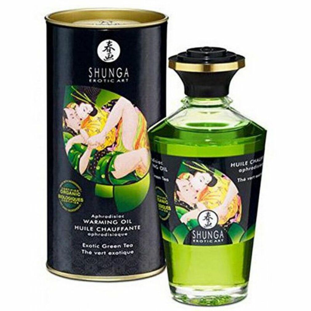 Shunga Massageöl mit Aroma Green Tea, Flasche und Dose. Grünes Öl, Etikett mit Küssen.