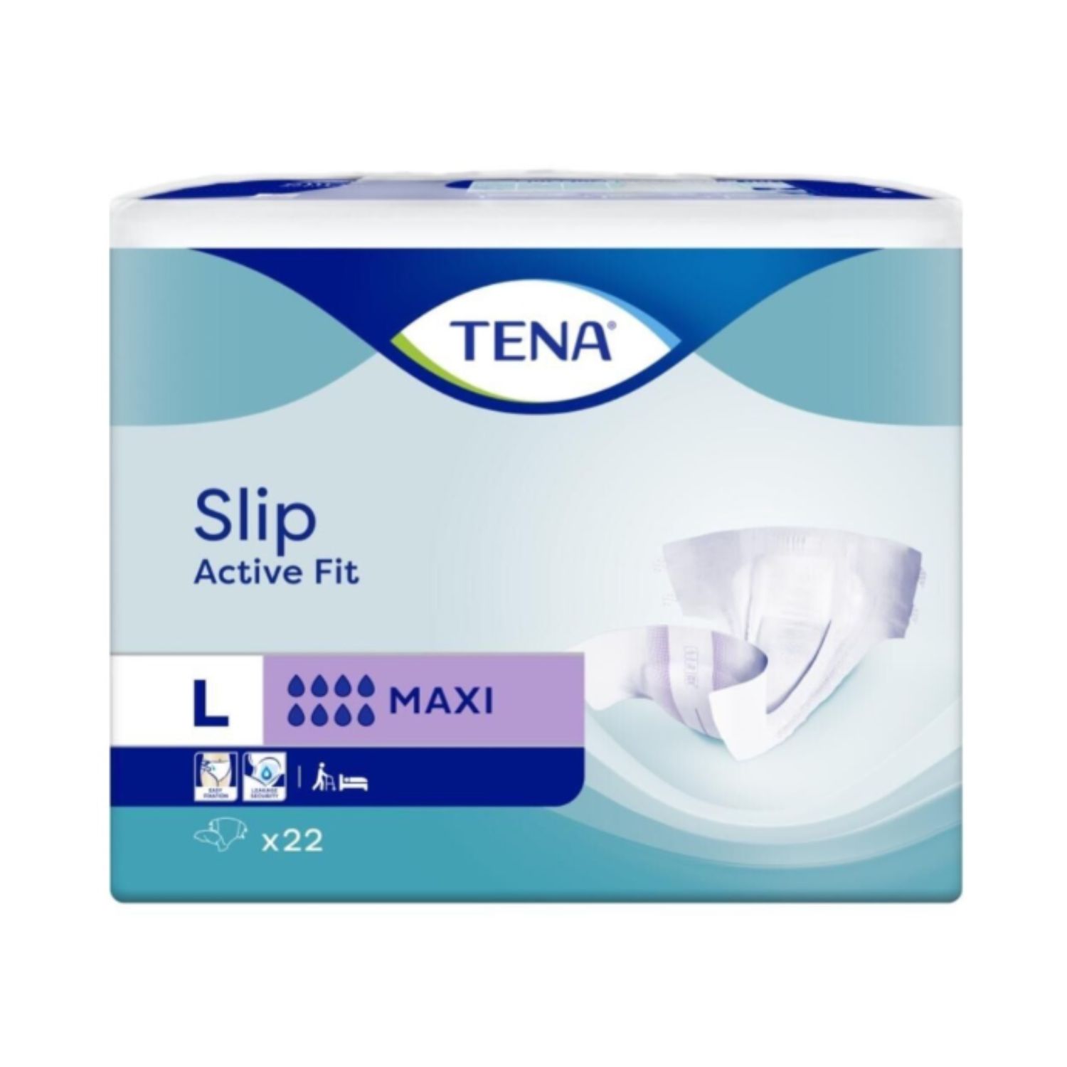 Verpackung von TENA Slip Active Fit Maxi. Größe L, mit Saugstärke-Indikator. Enthält 22 Stück. Marke TENA.