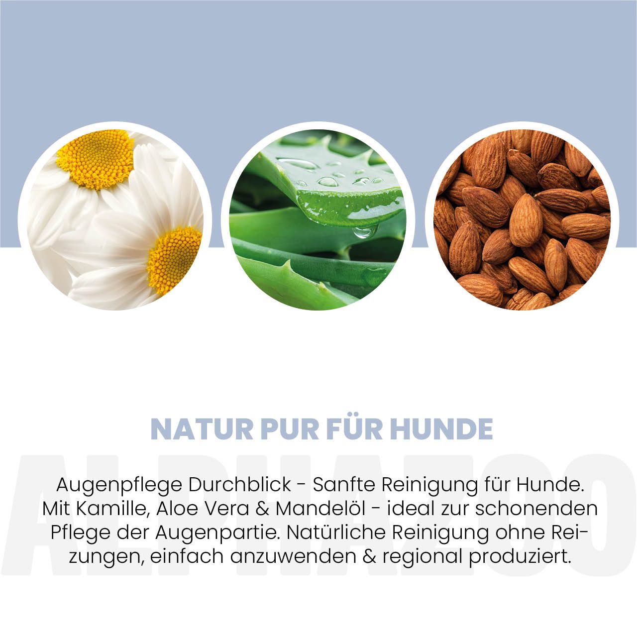 Kreisförmige Abbildungen von Kamille, Aloe Vera und Mandeln. Text: Natur pur für Hunde.