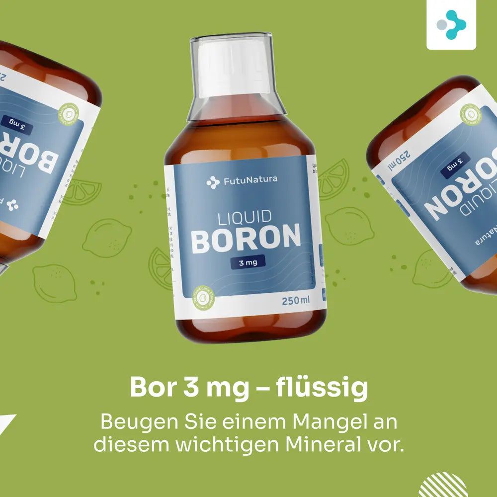 Drei Flaschen flüssiges Boron. Hintergrund mit Zitronen. 250 ml.