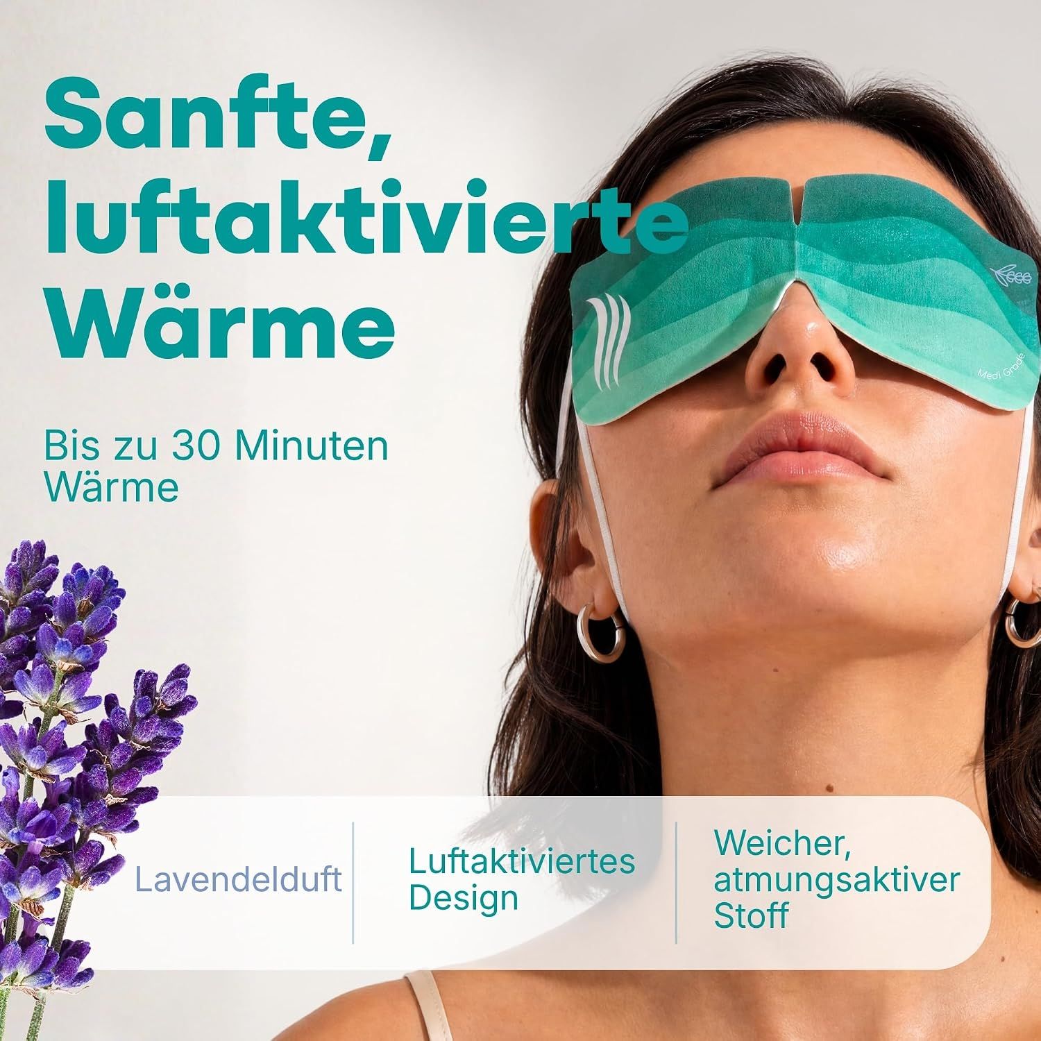 Grüne Dampf-Augenmaske mit Lavendelduft, sanfte Wärme für 30 Minuten.