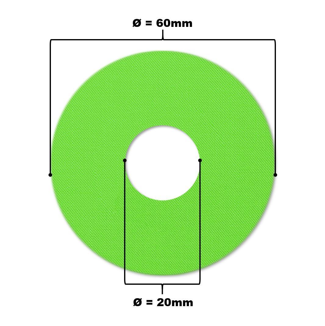 Grünes Katheterpflaster mit Loch. Durchmesser 60mm, Loch 20mm. Maßangaben.