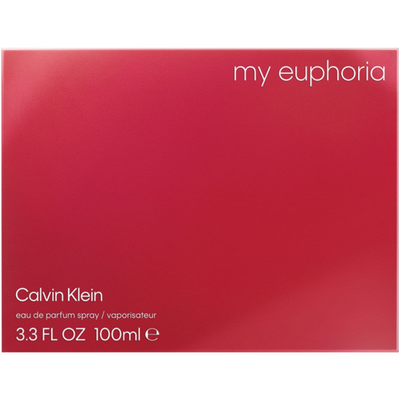 Rote Verpackung. Aufschrift: my euphoria, Calvin Klein, eau de parfum spray / vaporisateur, 3.3 FL OZ 100ml e.