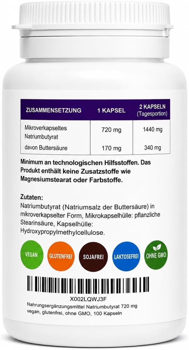Dunkle Kapsel mit "Sodium Butyrate" Aufschrift, 240 Kapseln, vegan, HACCP, ISO22000, GMP zertifiziert.