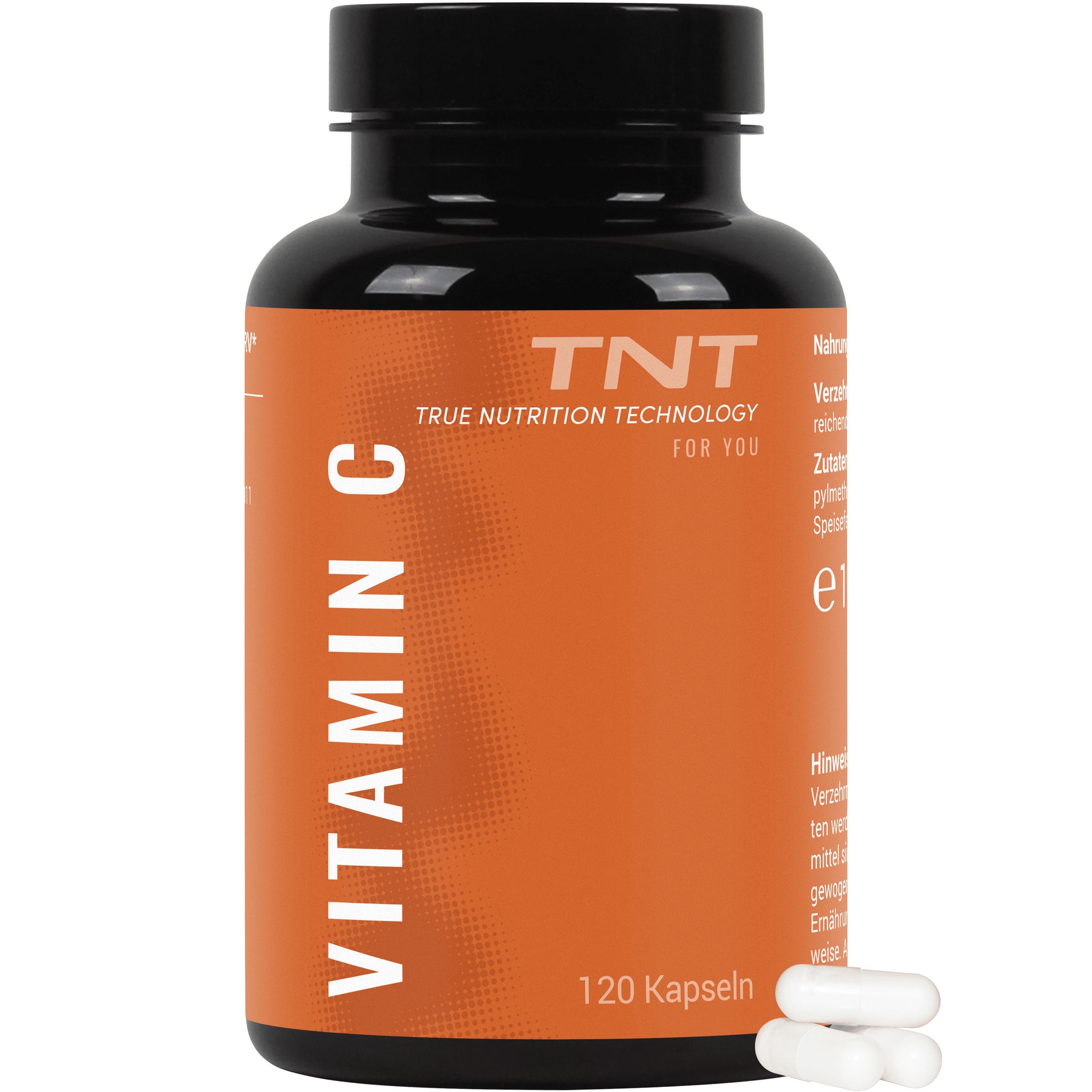 Braune Flasche mit Vitamin C Kapseln. Orangefarbenes Etikett mit Text. 120 Kapseln. Weiße Kapseln daneben.