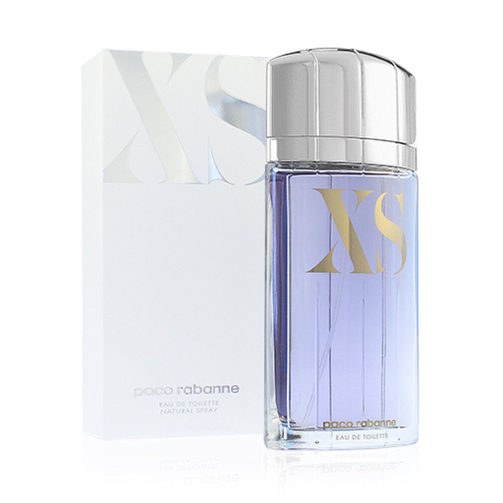 Flakon mit silbernem Deckel und weißer Verpackung. Aufschrift XS und Paco Rabanne. Eau de Toilette.