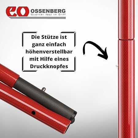 Gehstütze, rot und schwarz. Text: Die Stütze ist ganz einfach höhenverstellbar mit Hilfe eines Druckknopfes.