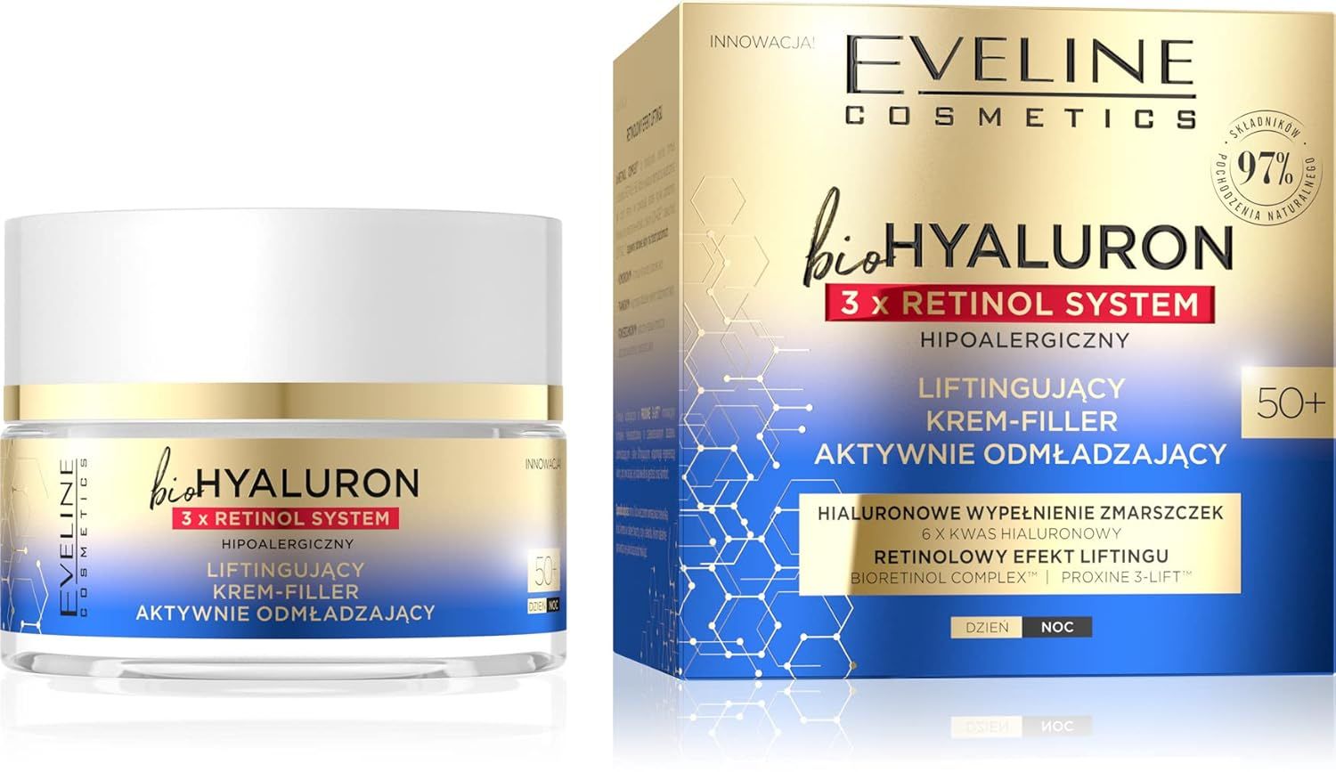 Creme-Tiegel und Verpackung. Aufschrift: Eveline Cosmetics bioHYALURON 3xRetinol System. 50+.