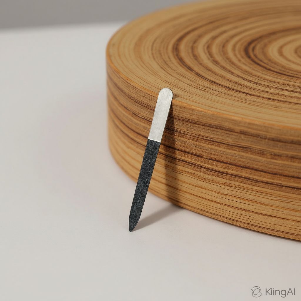 Edelstahl-Nagelfeile mit Diamant-Keramik-Beschichtung lehnt an einem Holzobjekt.