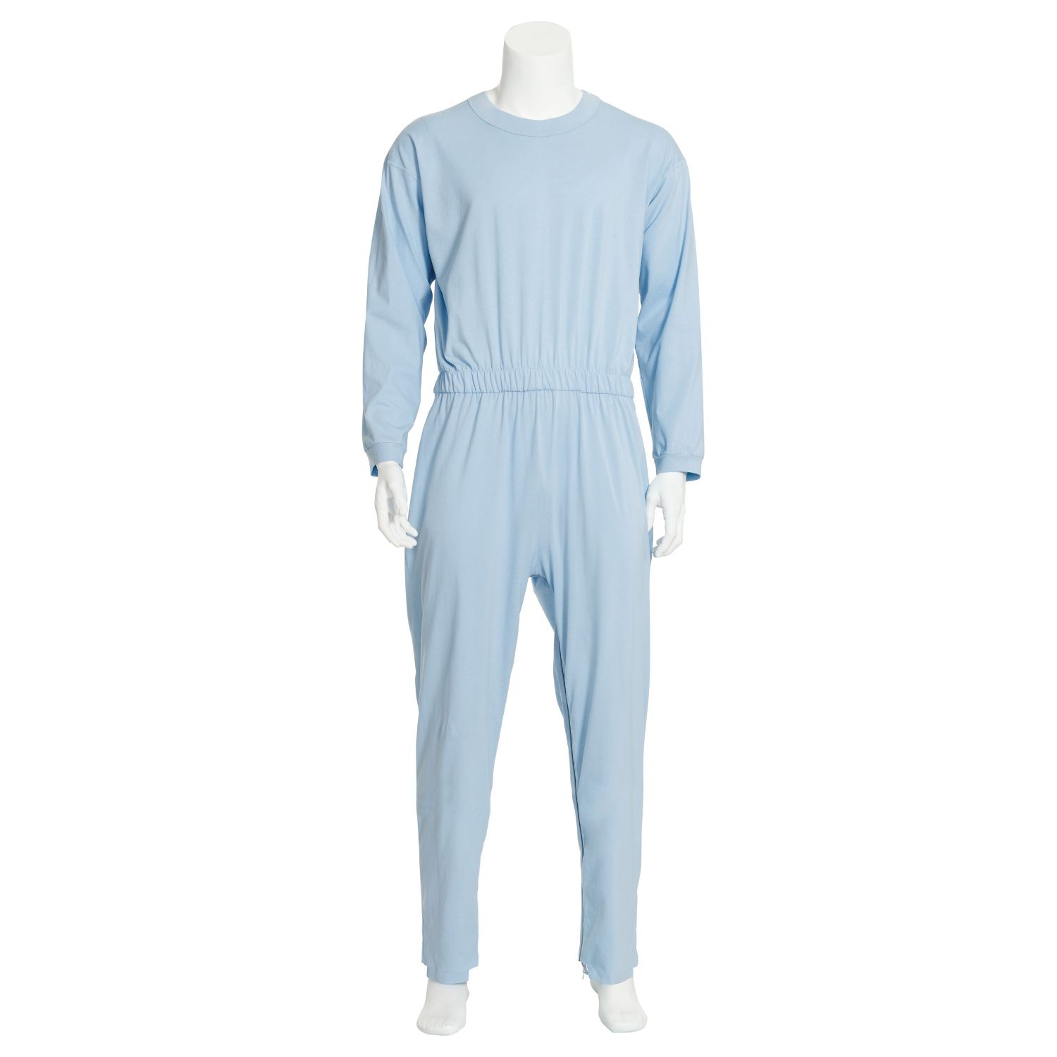 Hellblauer Pflegeoverall, langärmlig, mit Gummizug in der Taille, auf einer Schaufensterpuppe. Beinabschluss mit Knöpfen.