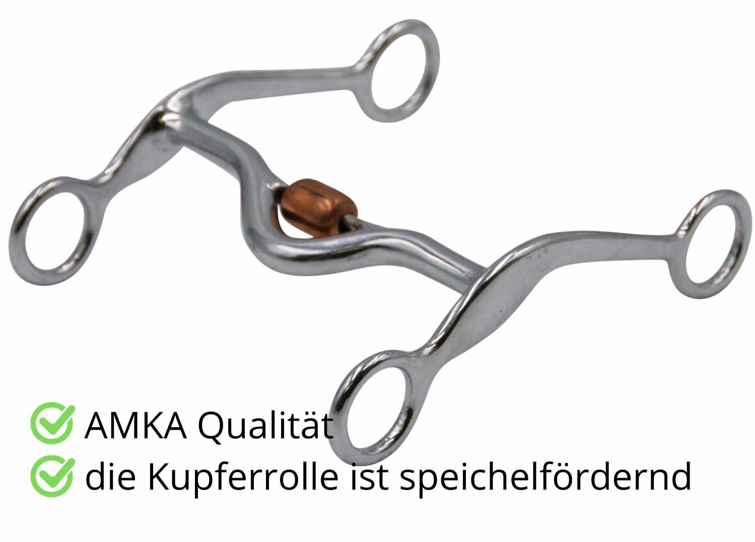 Gebiss mit Kupferrolle. Text: AMKA Qualität, die Kupferrolle ist speichelfördernd.
