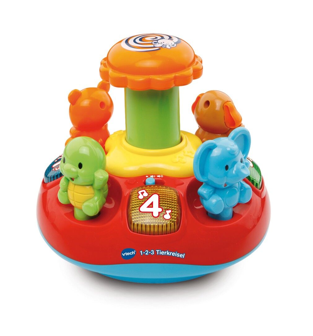 Roter, gelber und grüner Kreisel mit Tierfiguren. Oben orangefarbener Deckel, darunter gelbe Basis. Vtech 1-2-3 Tierkreisel.