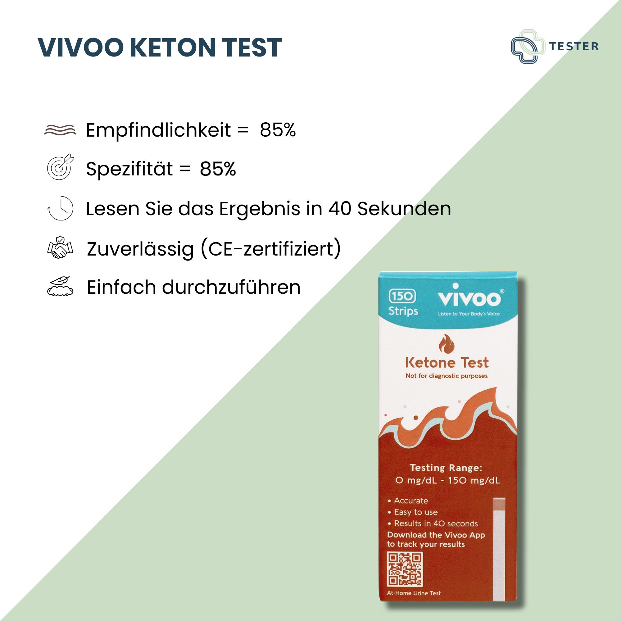 Vivoo Keton Test-Verpackung mit 150 Teststreifen. Text: Keton Test, Testbereich 0-150 mg/dL. CE-zertifiziert.