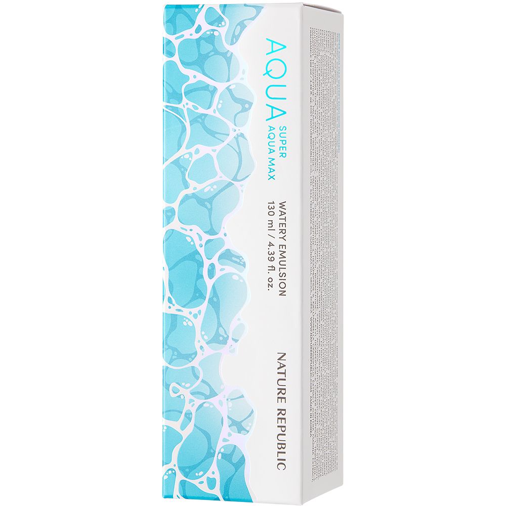 Weiße Produktverpackung mit AQUA Super Aqua Max Watery Emulsion-Aufschrift. NATURE REPUBLIC-Logo unten.