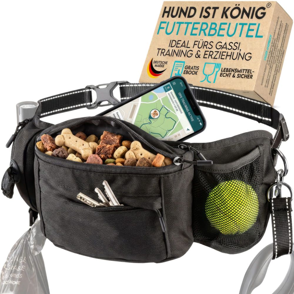 Schwarze Bauchtasche mit Futter, Handy, Schlüssel, Ball und Kotbeutel. Ideal für Gassi, Training & Erziehung. Mit eBook.