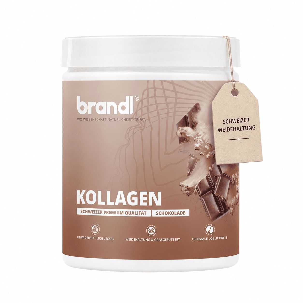 Braune Dose Kollagen Pulver, Anhänger. Text: Schweizer Weidehaltung, Schokolade. Auf weißem Hintergrund.