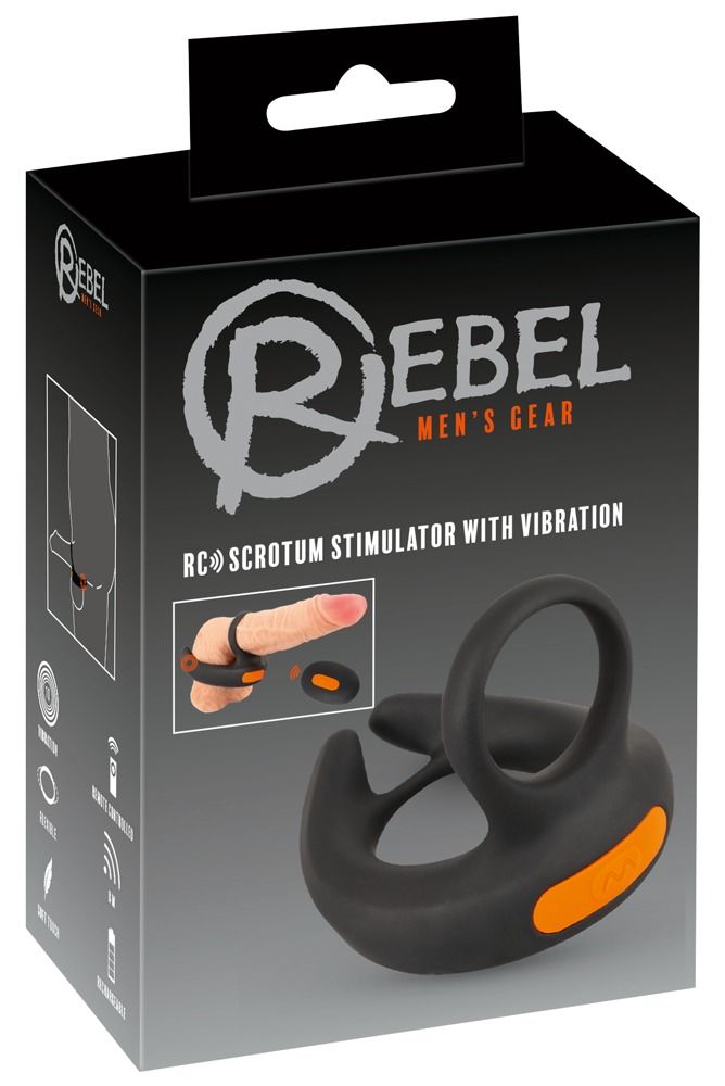 Verpackung des Rebel Hodenvibrators mit Fernbedienung, zeigt das Produkt und seine Funktionen.