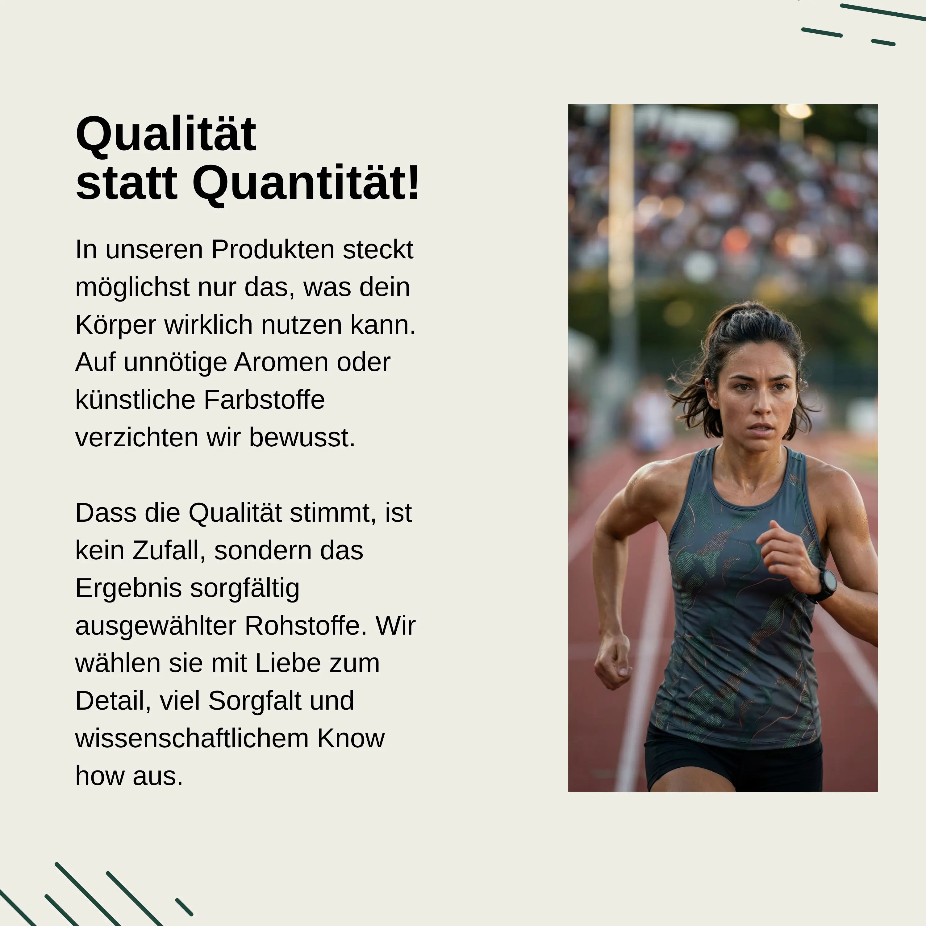 Läuferin auf einer Bahn, Text 'Qualität statt Quantität!' und Informationen zu Rohstoffen.