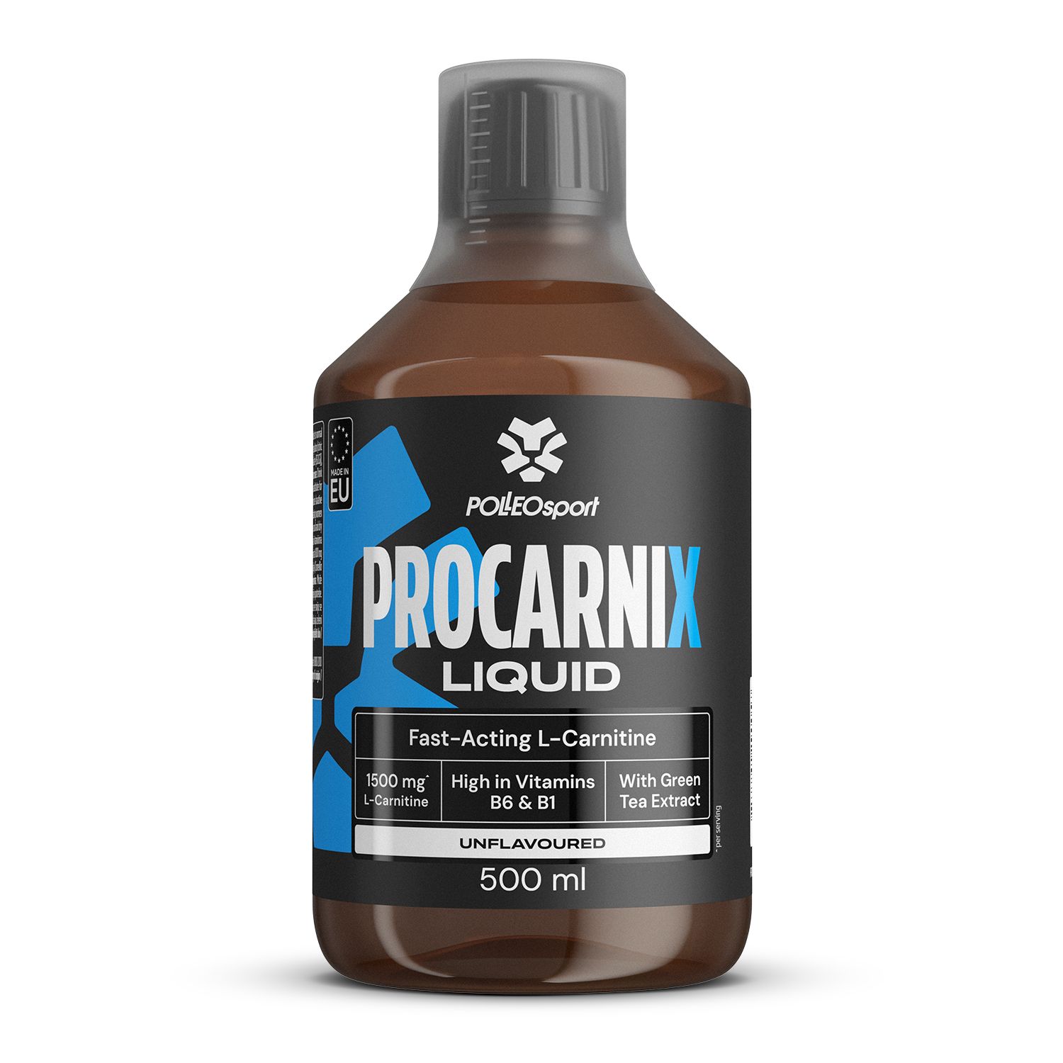 Braune Flüssigkeit in einer Flasche. Aufschrift: PolleoSport ProCarnix Liquid. Enthält L-Carnitin, Vitamine B6 & B1, und Grüntee-Extrakt. 500 ml.