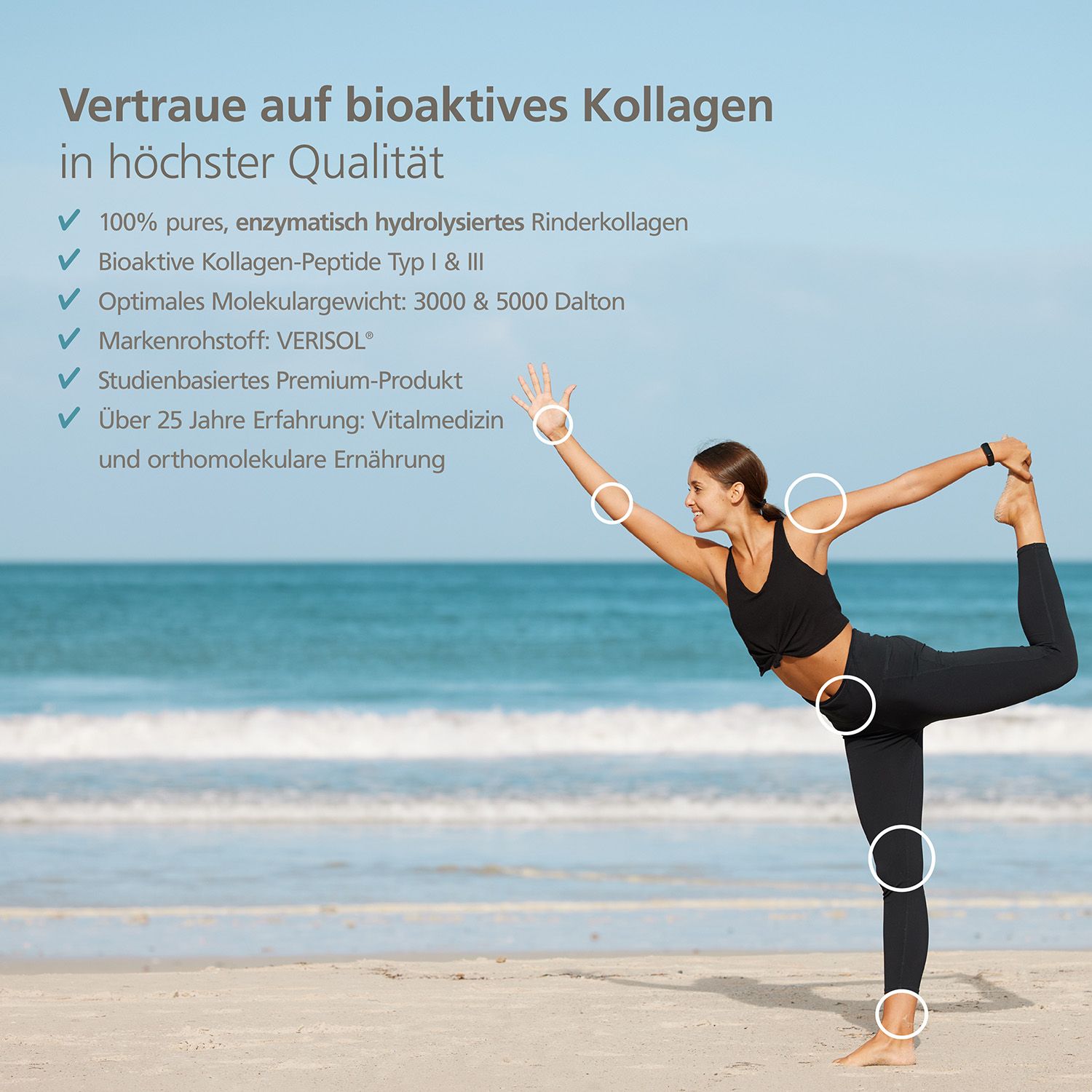 Frau am Strand in Yoga-Pose. Text: „Vertraue auf bioaktives Kollagen in höchster Qualität“. Produktvorteile und Zertifizierungen.