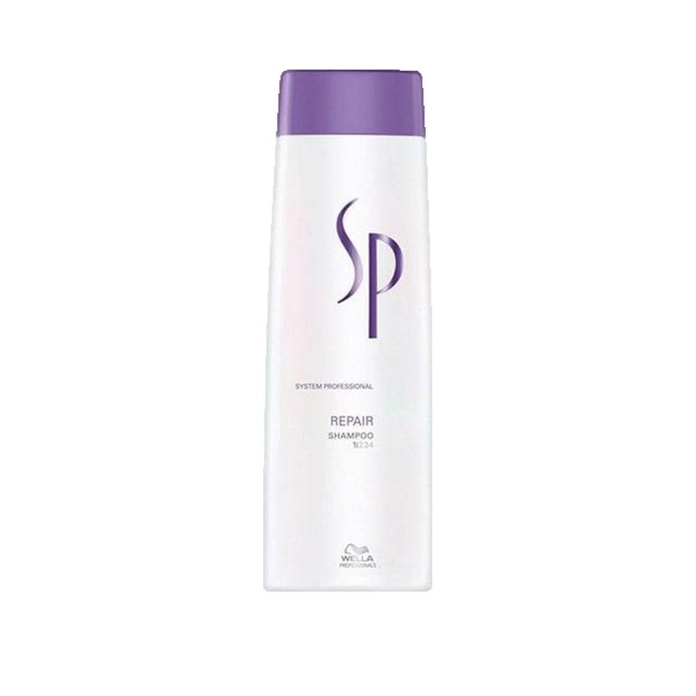 Weißes Shampoo-Flakon mit lila SP-Logo. Text: Repair Shampoo. Flakon mit lila Deckel.