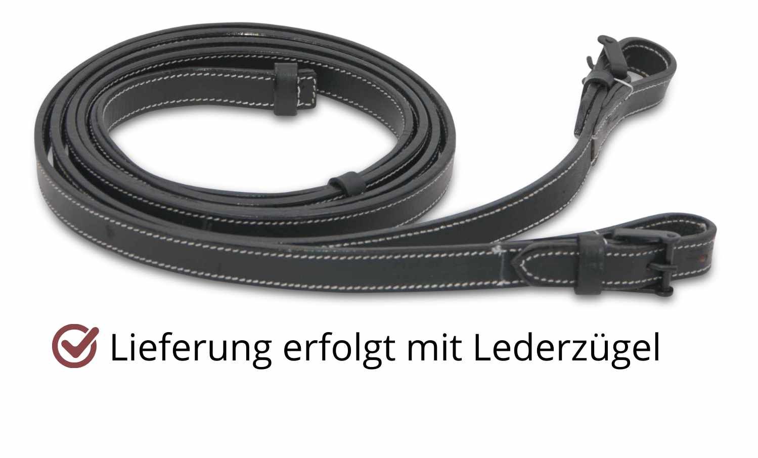 Schwarze Lederzügel mit weißen Ziernähten. AMKA Spanische Trense.