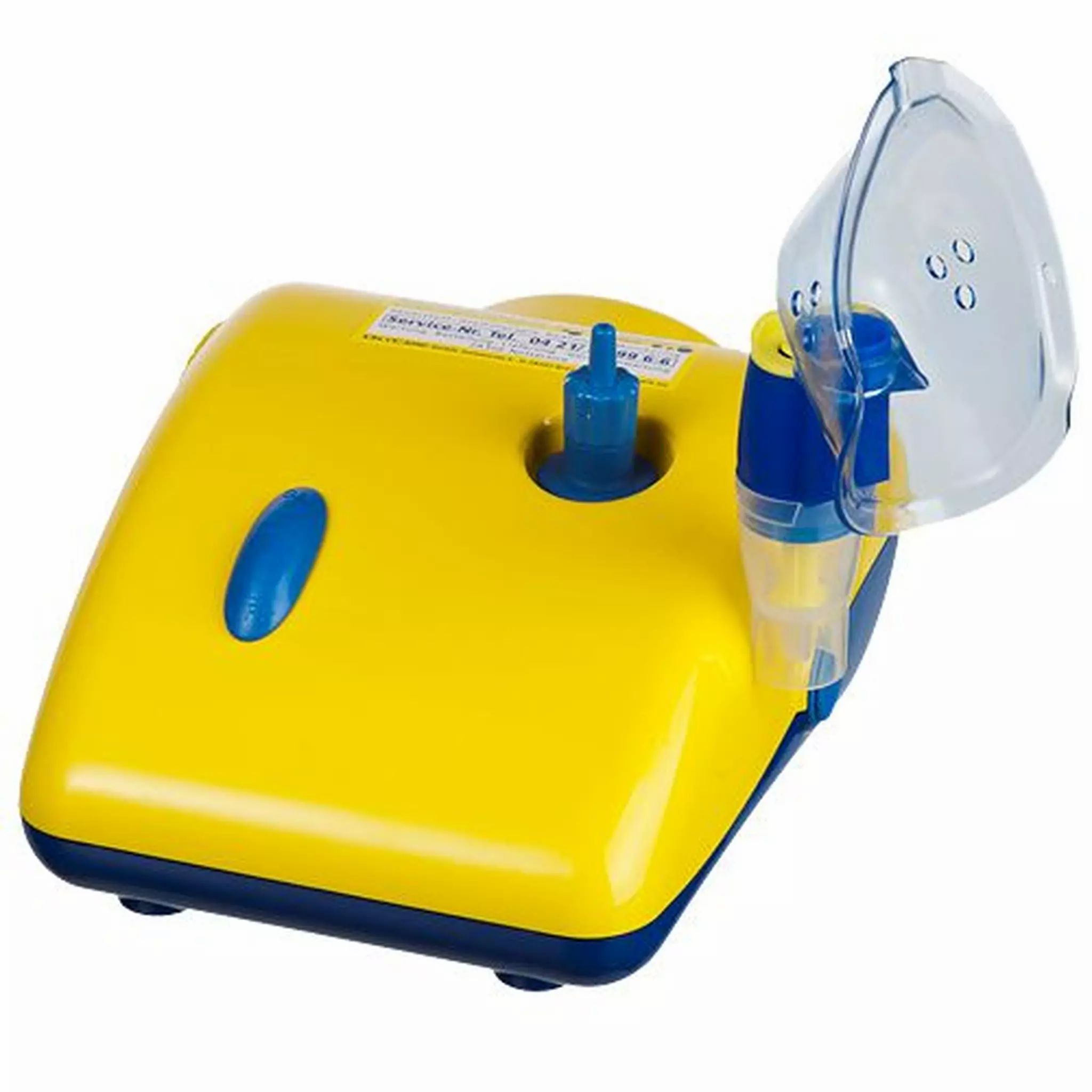Gelbes Kompressor-Inhalationsgerät mit blauer Maske und Zubehör.