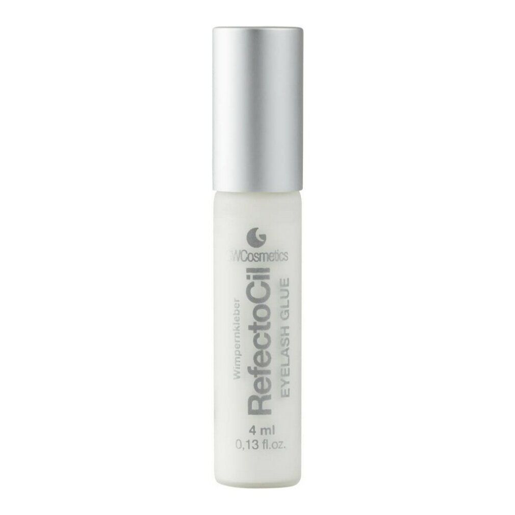 RefectoCil Wimpernkleber in einer Flasche mit silbernem Deckel. Aufschrift: EYELASH GLUE, 4 ml.
