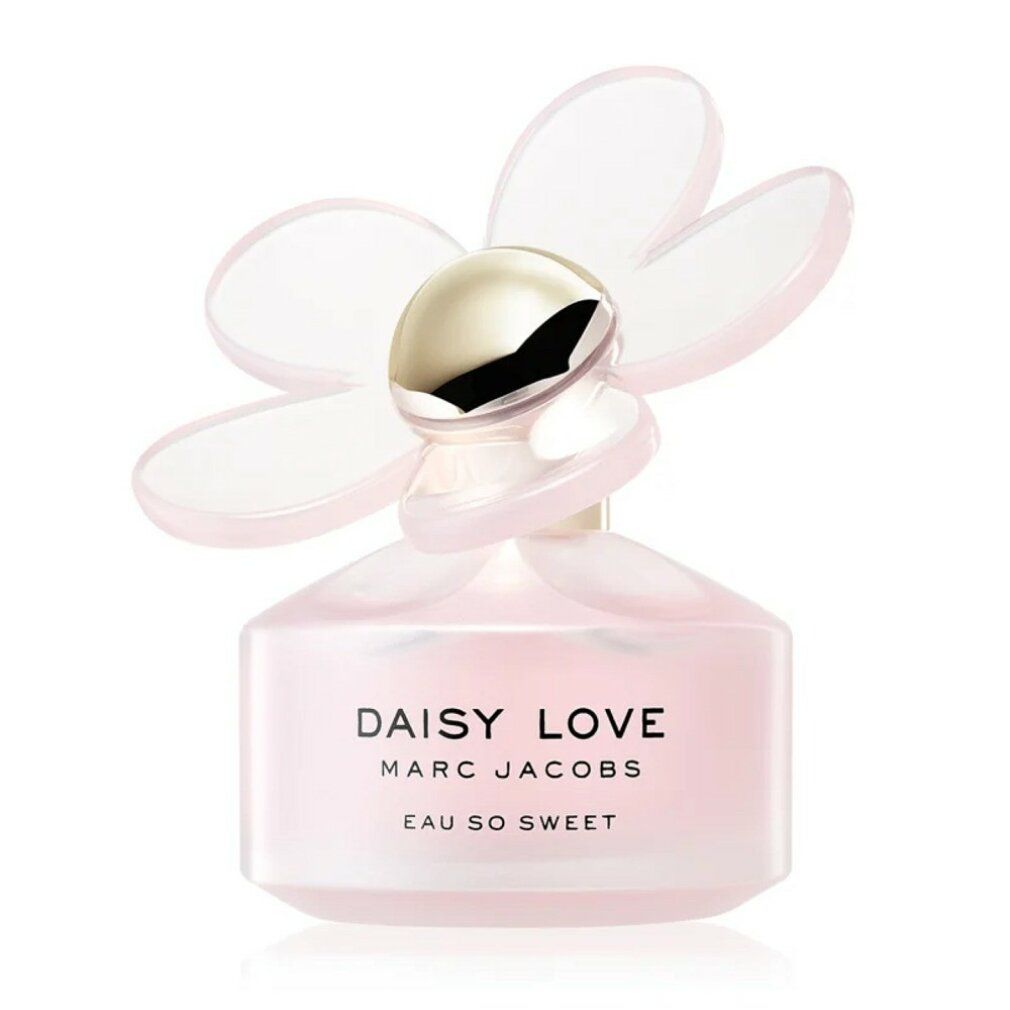 Rosa Flakon mit goldfarbenem Verschluss und blütenförmigem Deckel. Schriftzug: Daisy Love, Marc Jacobs, Eau So Sweet.
