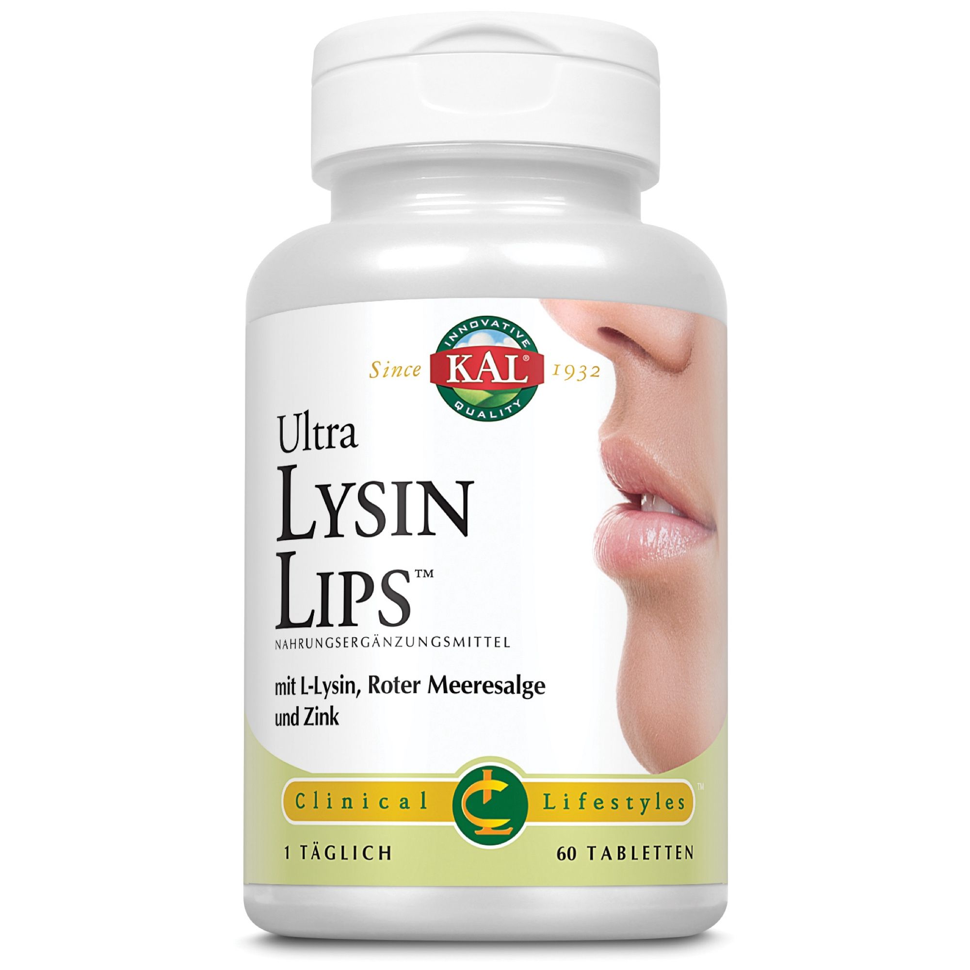 Weiße Flasche "Ultra Lysin Lips" mit 60 Tabletten. Text: Nahrungsergänzungsmittel. Mit Lysin, Roter Meeresalge und Zink. 1 täglich.