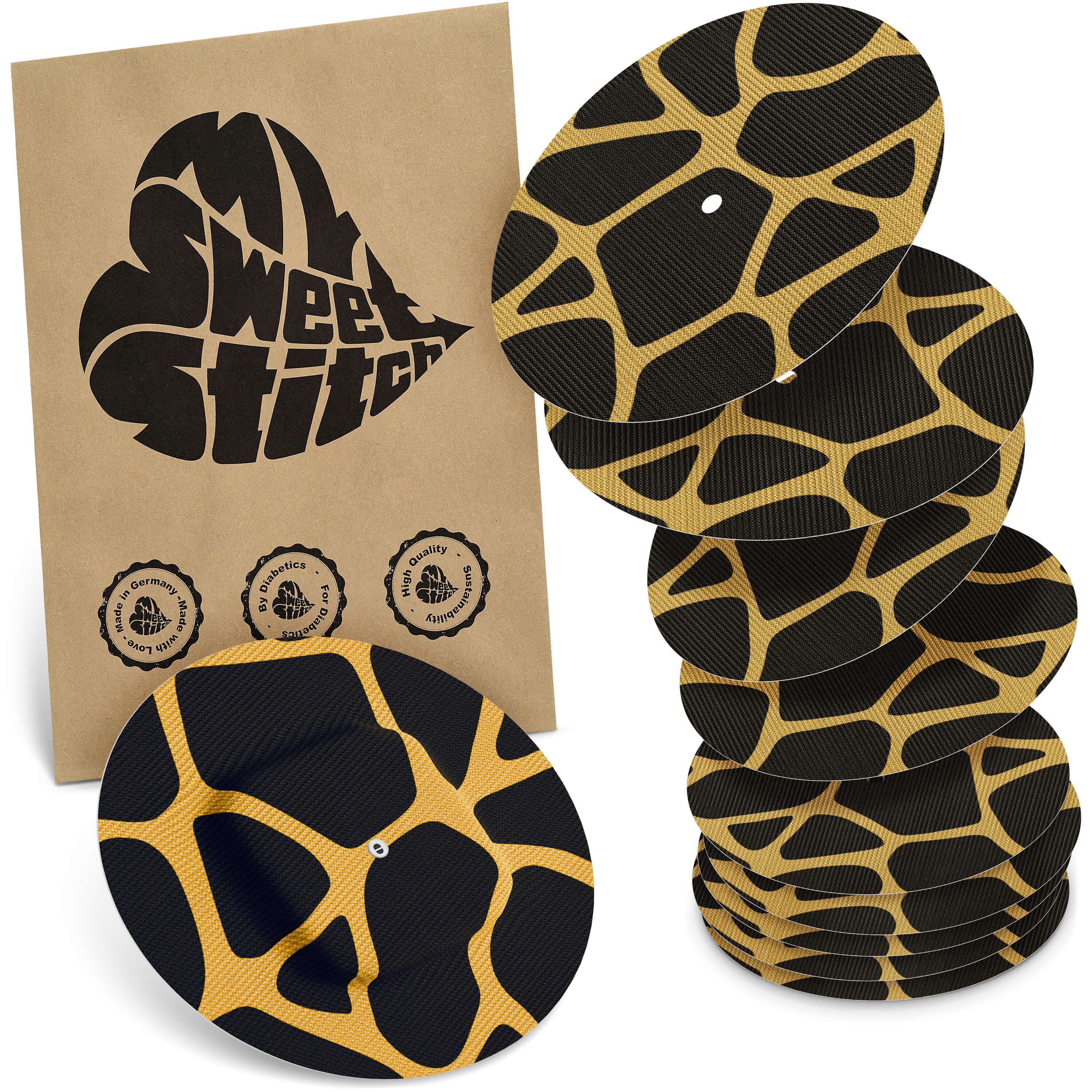 Runde Overpatch-Pflaster mit schwarzem und gelbem Muster. Verpackung mit Logo und Qualitätssiegeln.