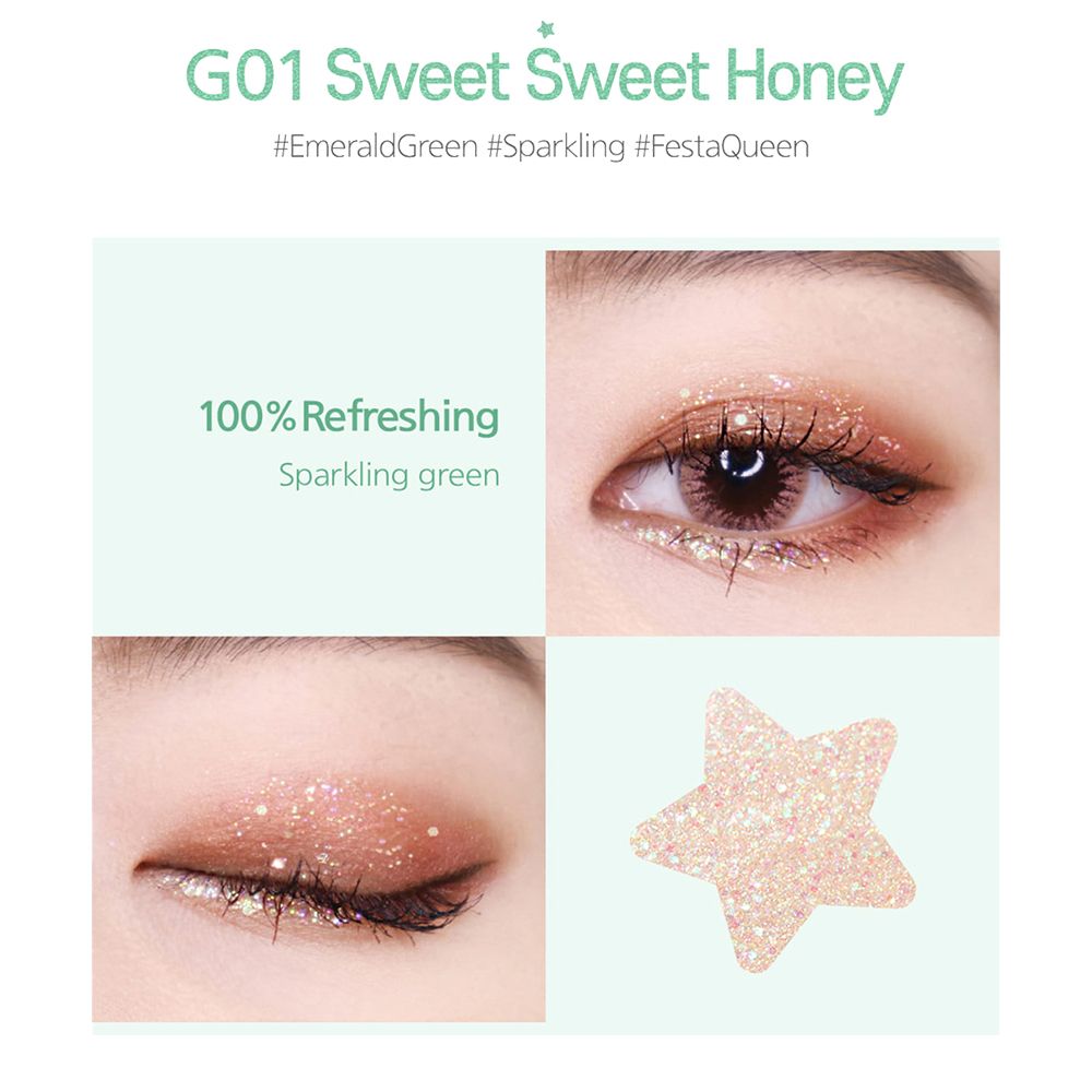 Augen-Make-up-Anwendung mit Glitzer-Lidschatten. Produktname: G01 Sweet Sweet Honey. Sternförmiger Glitzer.