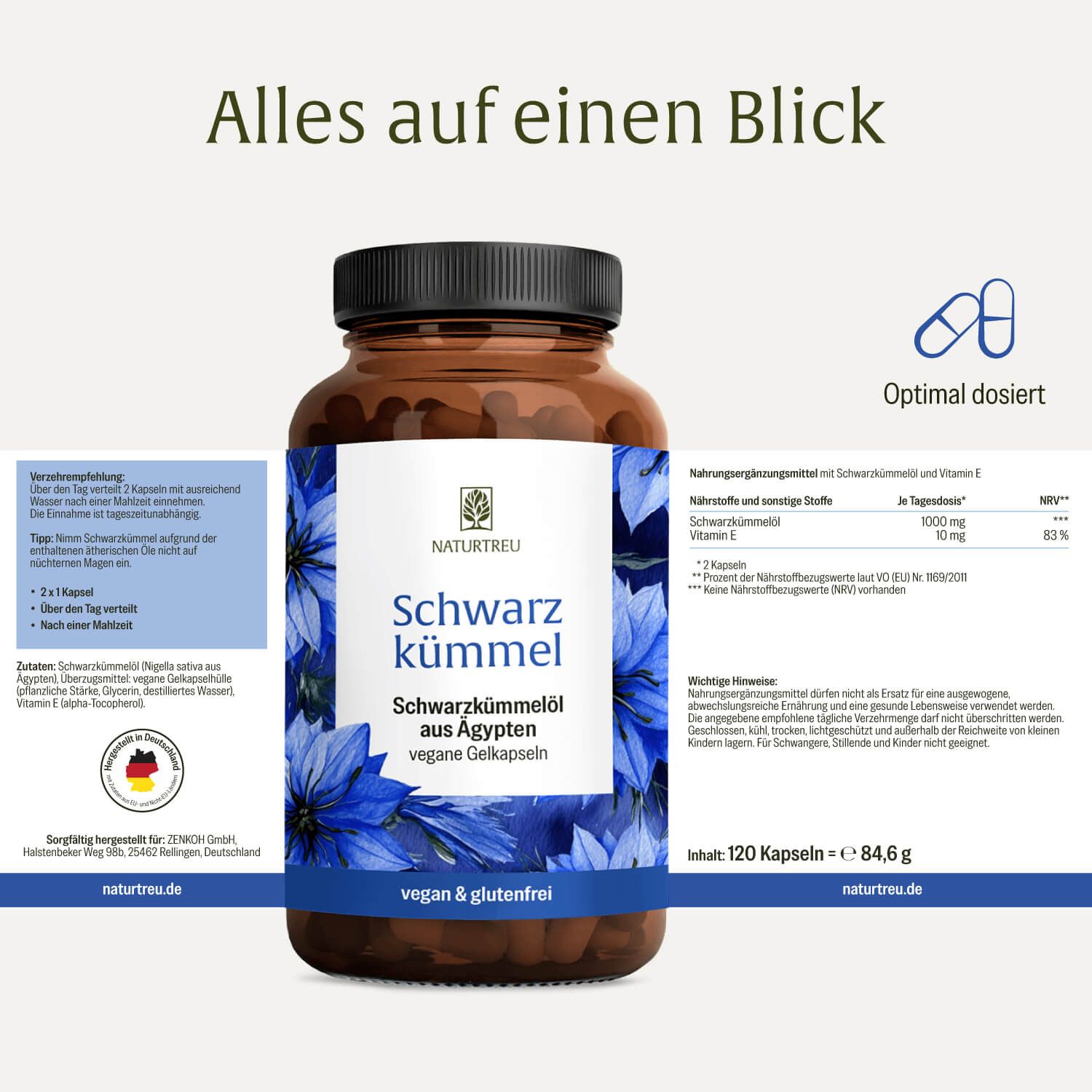Flasche Schwarzkümmelöl Kapseln, Nährwertangaben und Dosierung.