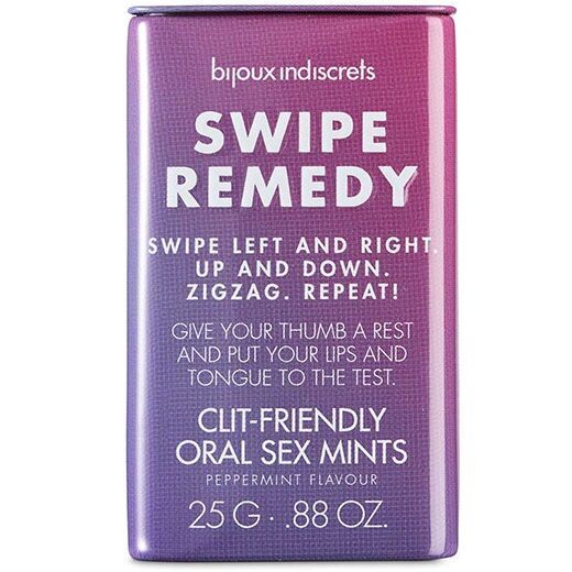Lila Dose mit "Swipe Remedy"-Aufdruck. Text: "Clit-Friendly Oral Sex Mints". Peppermint Flavour. 25 G .88 OZ.
