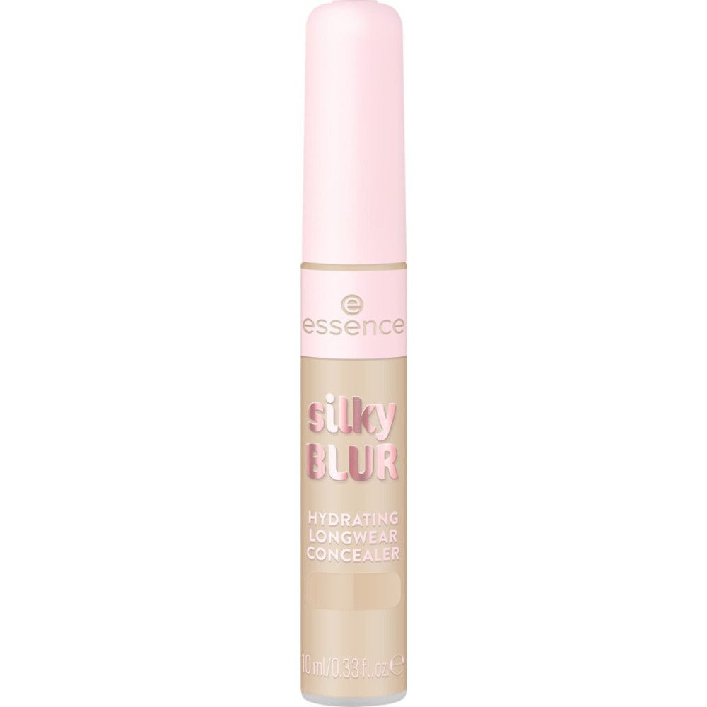 Beige Concealer-Tube mit rosa Deckel. Aufschrift: Silky Blur, Hydrating Longwear Concealer. Marke: Essence.
