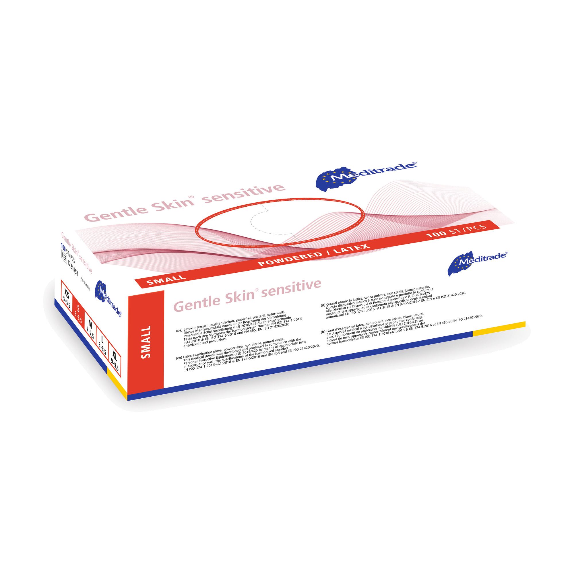 Packung Meditrade Gentle Skin sensitive Einmalhandschuhe, Latex, puderfrei, 100 Stück, Größe S.