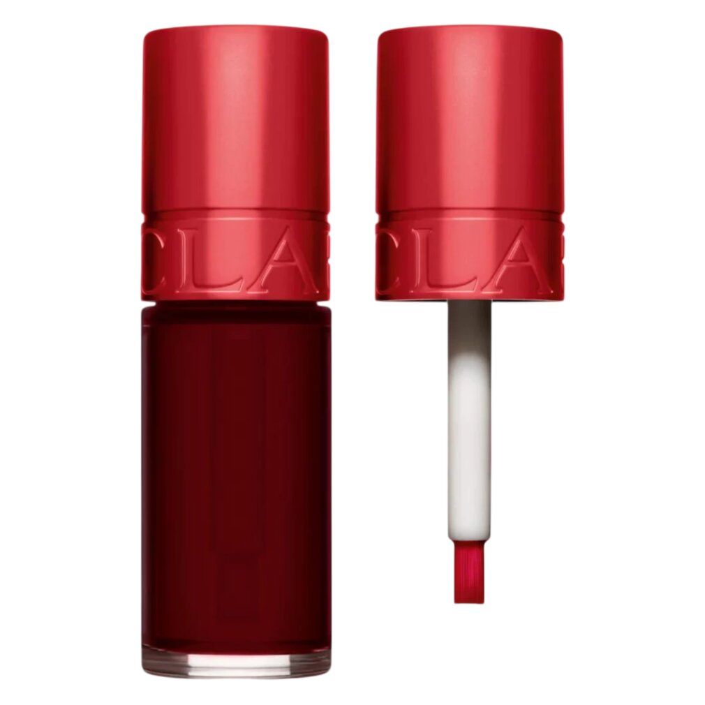 CLARINS Wasser Lippenfarbe, dunkles Rot. Geöffneter Flakon mit Applikator, roter Verschluss.