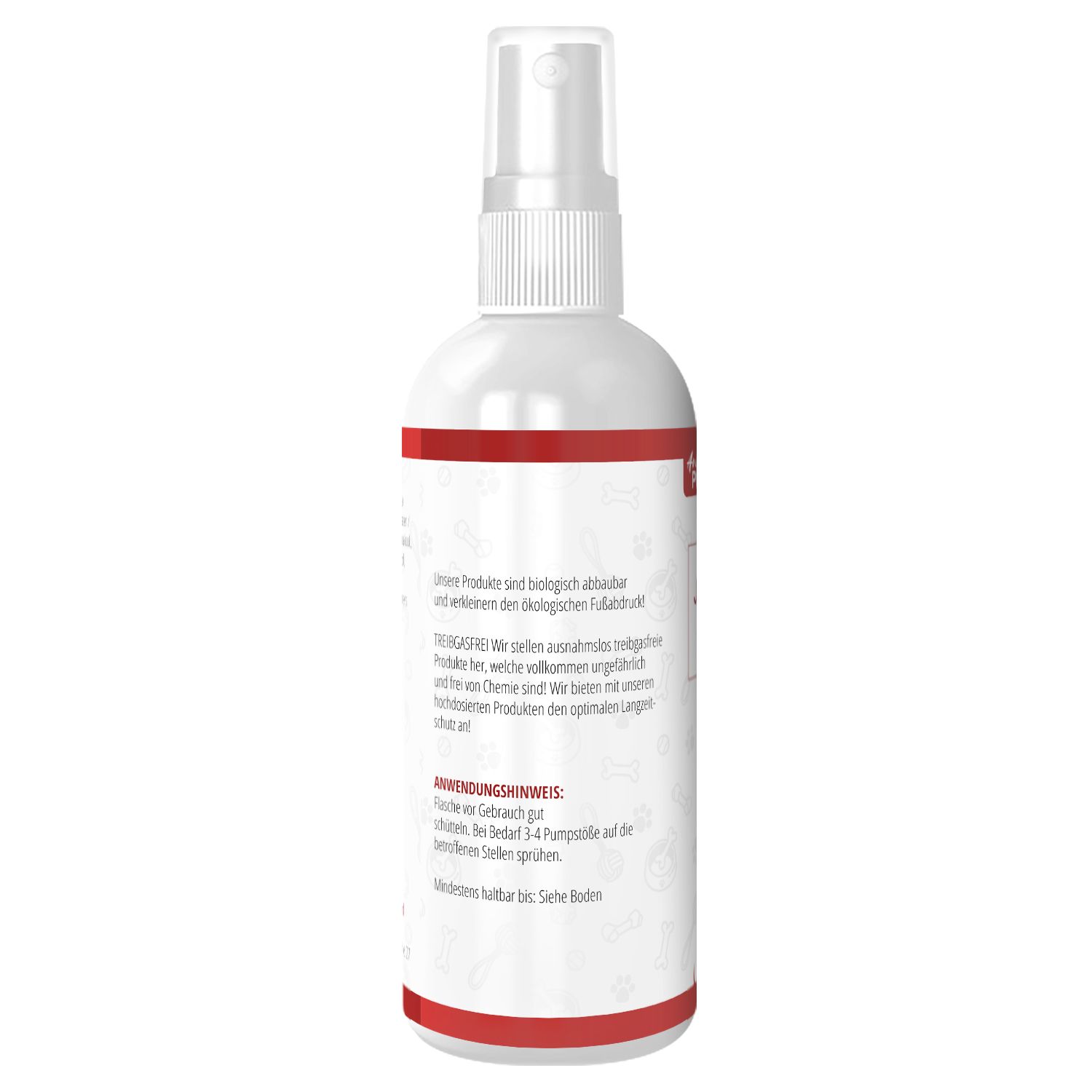 Rückseite der Sprayflasche. Text: Anwendungshinweis, biologisch abbaubar, TERGREFREI.