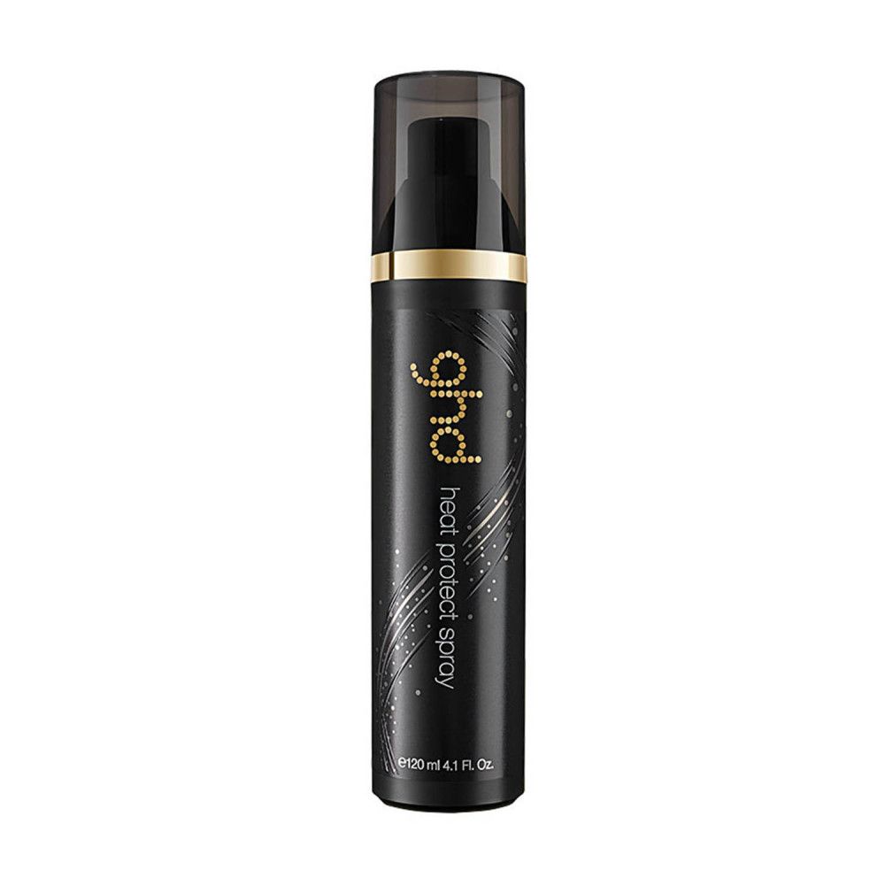 Schwarze Sprühflasche mit goldfarbenem Aufdruck. Aufschrift: ghd heat protect spray. Schwarzer Sprühkopf mit transparenter Kappe.